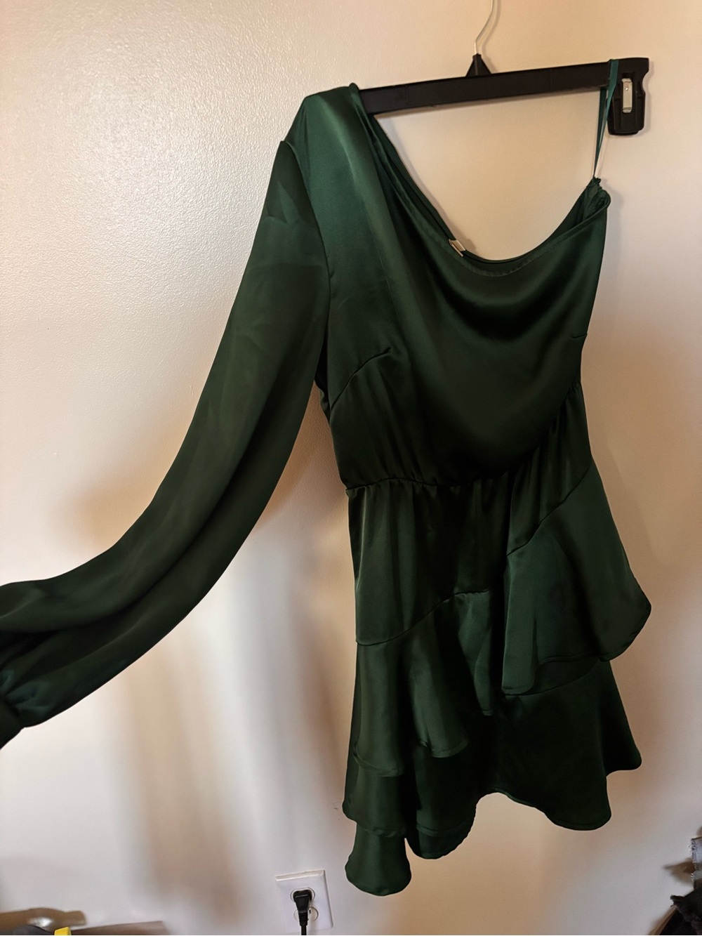Dark Green Satin One-Shoulder Ruffle Mini Dress